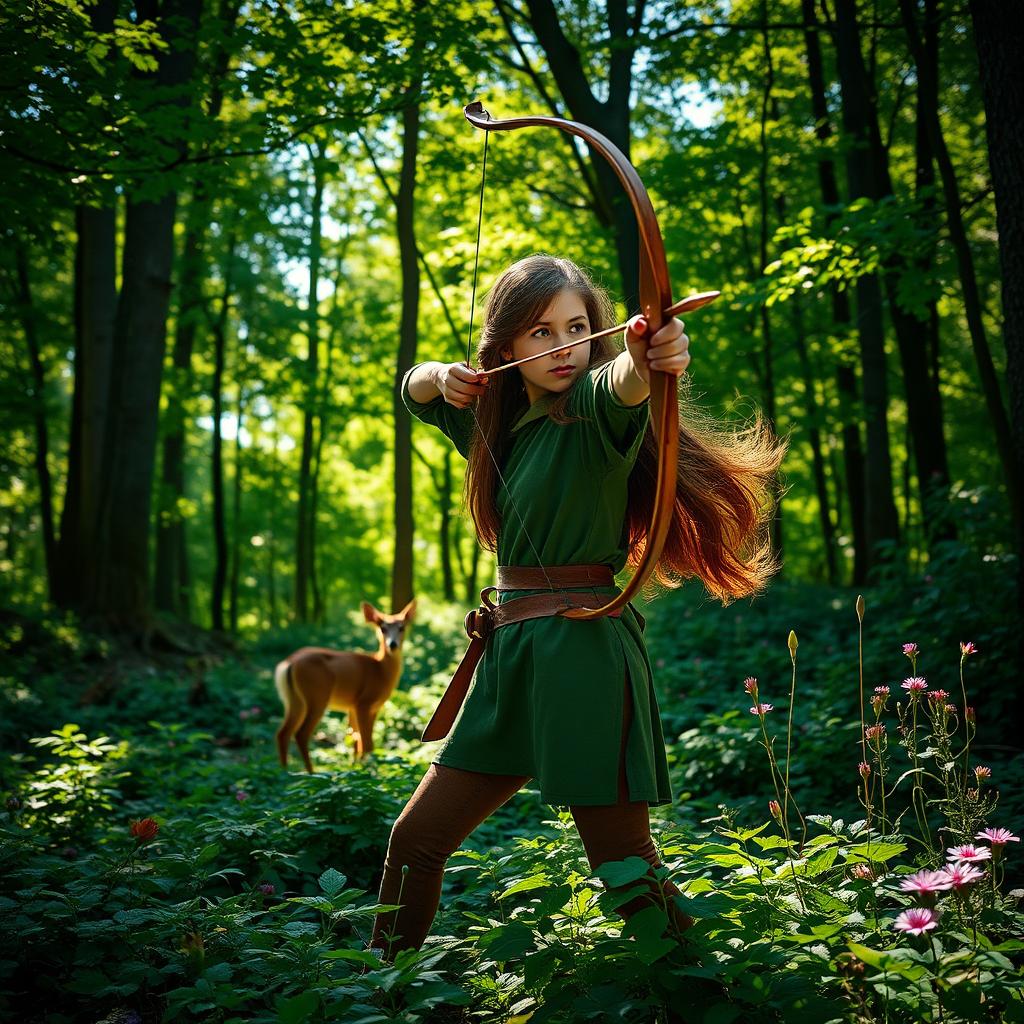 A serene forest scene with a skilled archer in focus