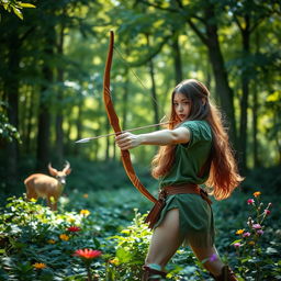 A serene forest scene with a skilled archer in focus