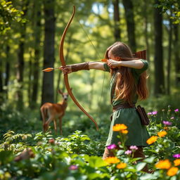 A serene forest scene with a skilled archer in focus