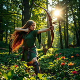 A serene forest scene with a skilled archer in focus