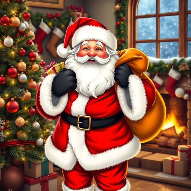 A cheerful Santa Claus wearing his iconic red and white costume, including fluffy white trim, a wide black belt buckle, and black boots