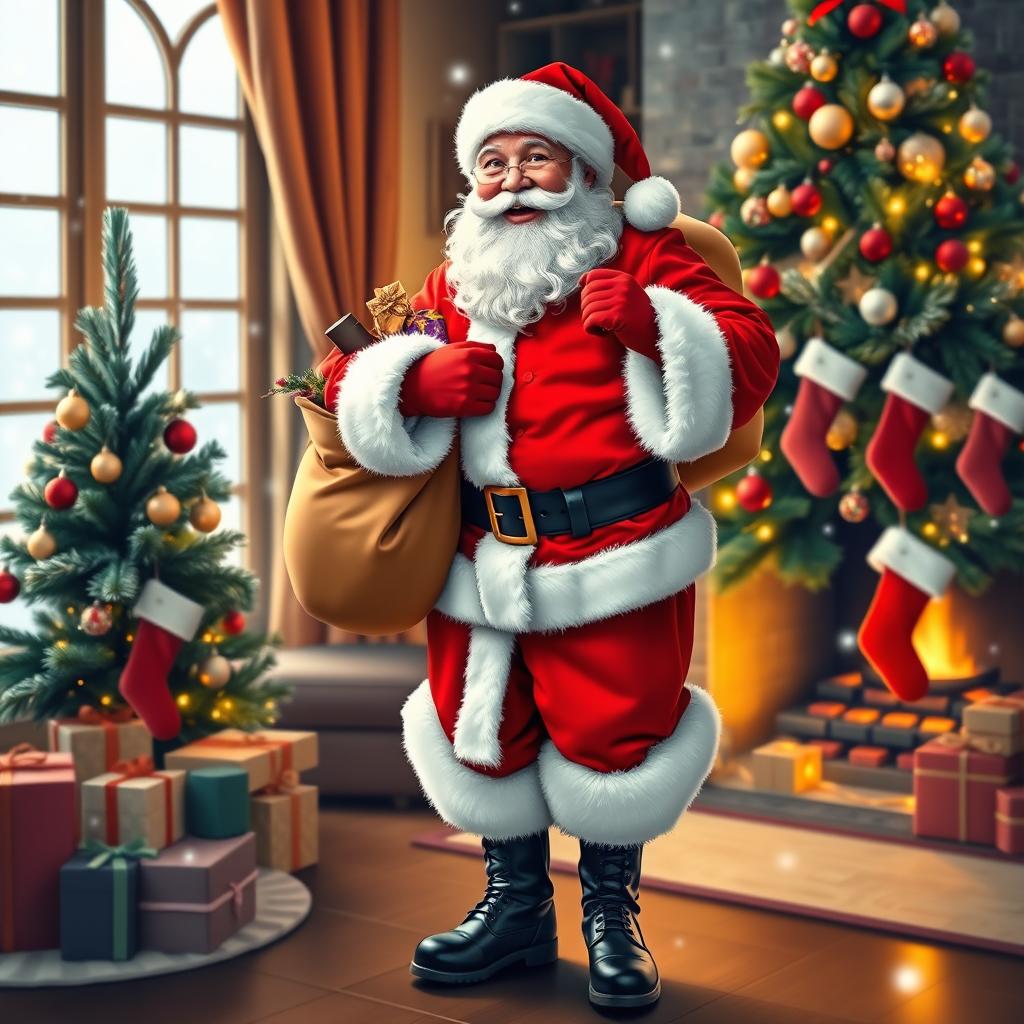 A cheerful Santa Claus wearing his iconic red and white costume, including fluffy white trim, a wide black belt buckle, and black boots