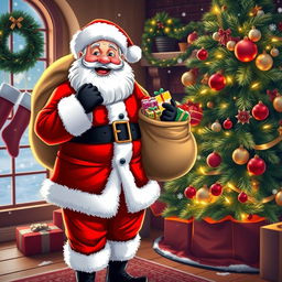 A cheerful Santa Claus wearing his iconic red and white costume, including fluffy white trim, a wide black belt buckle, and black boots