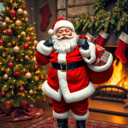 A cheerful Santa Claus wearing his iconic red and white costume, including fluffy white trim, a wide black belt buckle, and black boots