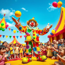 A vibrant circus scene featuring an exuberant clown with a big red nose and colorful, oversized shoes, performing a juggling act with colorful balls