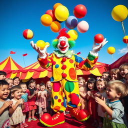 A vibrant circus scene featuring an exuberant clown with a big red nose and colorful, oversized shoes, performing a juggling act with colorful balls