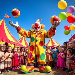 A vibrant circus scene featuring an exuberant clown with a big red nose and colorful, oversized shoes, performing a juggling act with colorful balls