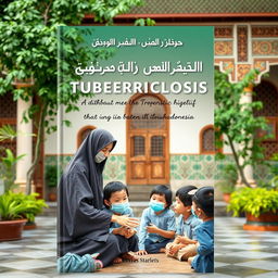 A book cover design focused on preventing the transmission of Tuberculosis in Islamic orphanages, featuring a peaceful and educational setting