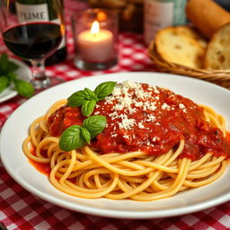 An exquisite plate of spaghetti arranged beautifully, topped with a rich, homemade marinara sauce, garnished with fresh basil leaves, and a sprinkle of grated Parmesan cheese