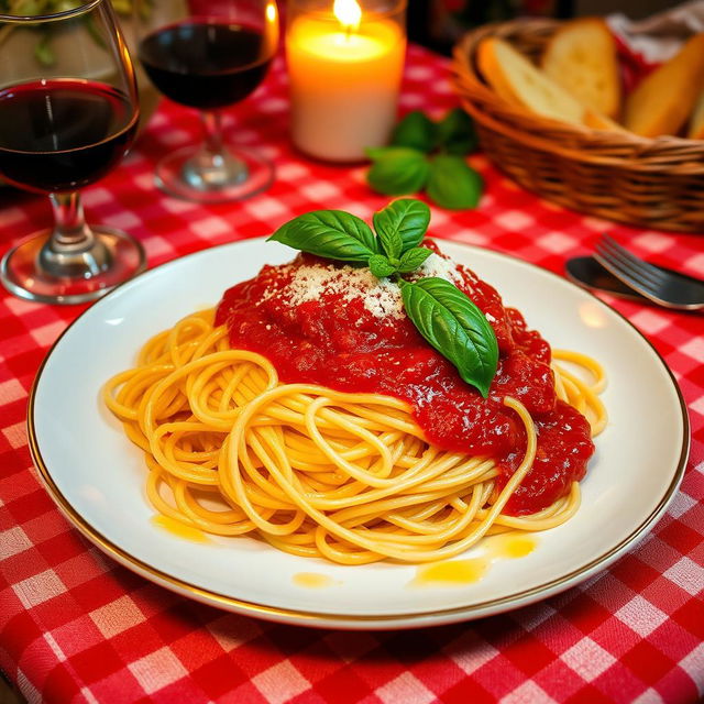 An exquisite plate of spaghetti arranged beautifully, topped with a rich, homemade marinara sauce, garnished with fresh basil leaves, and a sprinkle of grated Parmesan cheese