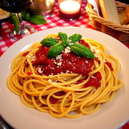An exquisite plate of spaghetti arranged beautifully, topped with a rich, homemade marinara sauce, garnished with fresh basil leaves, and a sprinkle of grated Parmesan cheese
