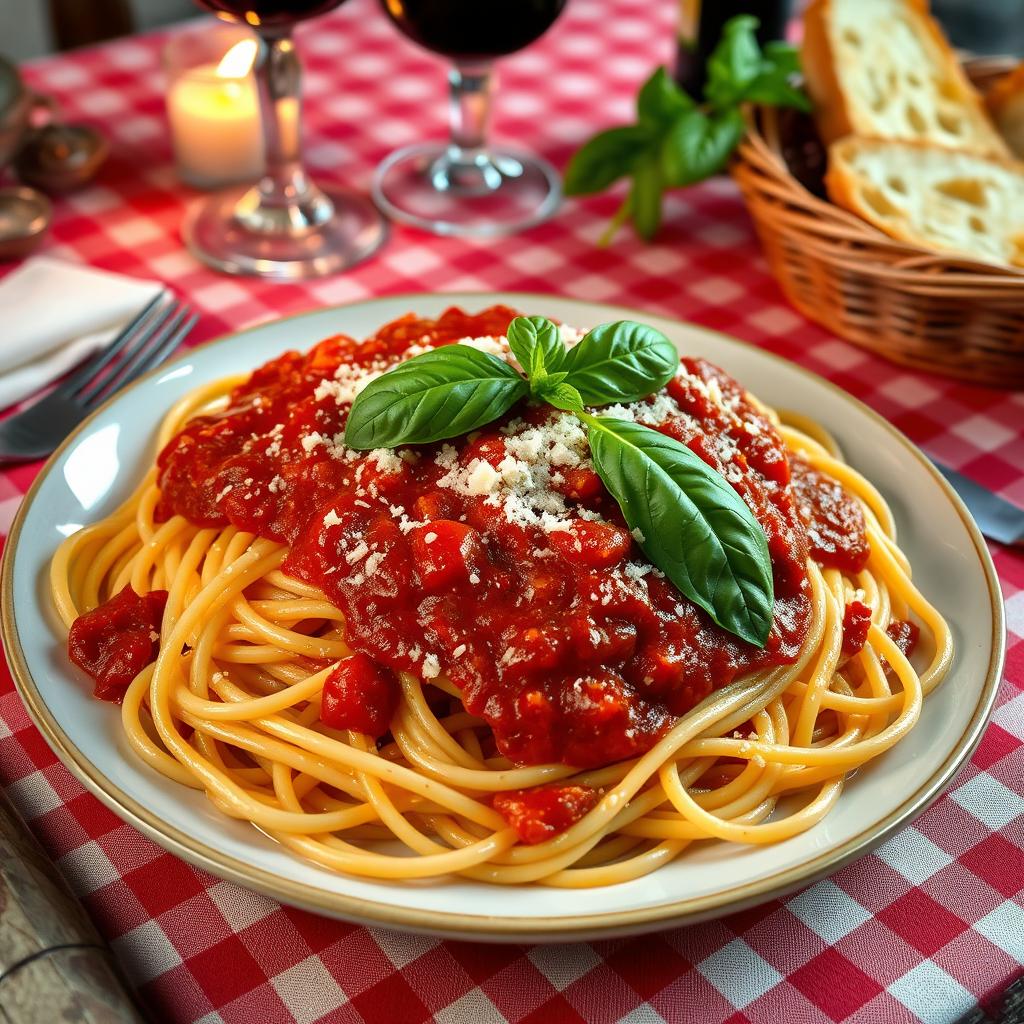 An exquisite plate of spaghetti arranged beautifully, topped with a rich, homemade marinara sauce, garnished with fresh basil leaves, and a sprinkle of grated Parmesan cheese