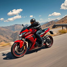 A thrilling scene featuring a sleek, sporty motorcycle speeding down a winding mountain road