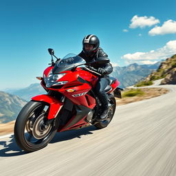 A thrilling scene featuring a sleek, sporty motorcycle speeding down a winding mountain road