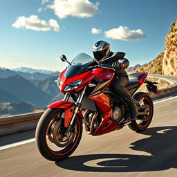 A thrilling scene featuring a sleek, sporty motorcycle speeding down a winding mountain road