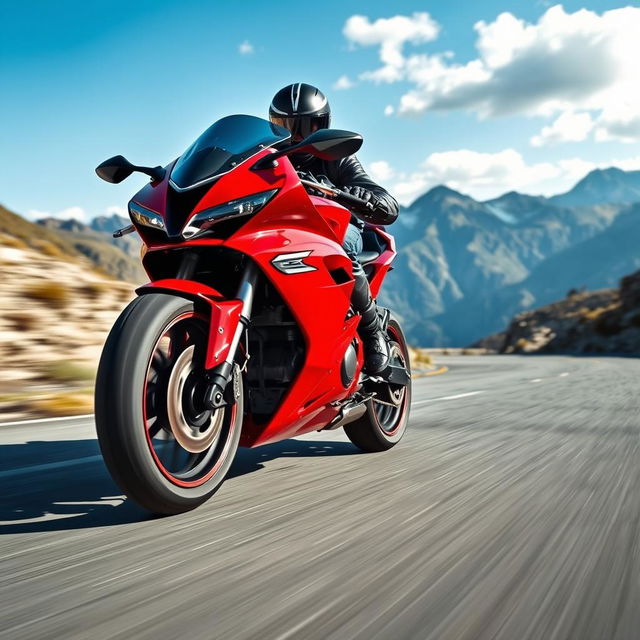 A thrilling scene featuring a sleek, sporty motorcycle speeding down a winding mountain road