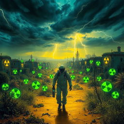 A vibrant, chaotic nuclear wasteland, with glowing green radioactive symbols scattered throughout