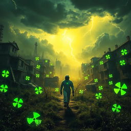A vibrant, chaotic nuclear wasteland, with glowing green radioactive symbols scattered throughout