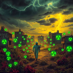 A vibrant, chaotic nuclear wasteland, with glowing green radioactive symbols scattered throughout