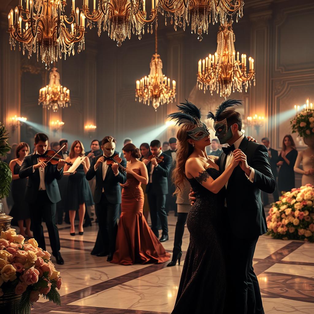 A mysterious masquerade ball scene with elegantly dressed guests in lavish formal attire