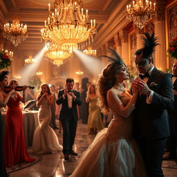 A mysterious masquerade ball scene with elegantly dressed guests in lavish formal attire