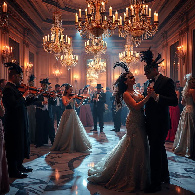 A mysterious masquerade ball scene with elegantly dressed guests in lavish formal attire