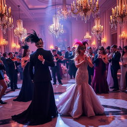 A mysterious masquerade ball scene with elegantly dressed guests in lavish formal attire