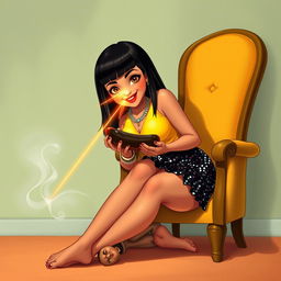 A lively and imaginative scene featuring an Indian aunty wearing a flashy black sequin mini skirt and a bright yellow top