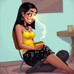 A lively and imaginative scene featuring an Indian aunty wearing a flashy black sequin mini skirt and a bright yellow top
