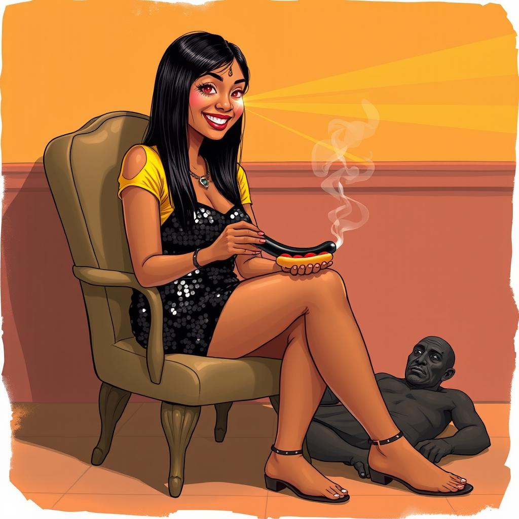 A lively and imaginative scene featuring an Indian aunty wearing a flashy black sequin mini skirt and a bright yellow top