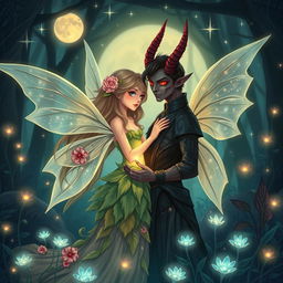 A romantic scene between a fairy and a demon in an enchanting forest setting