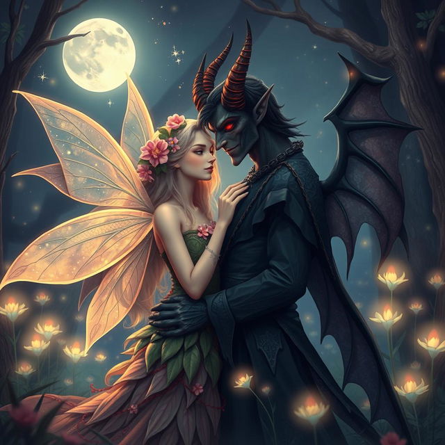 A romantic scene between a fairy and a demon in an enchanting forest setting