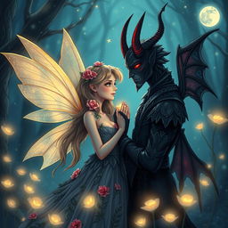 A romantic scene between a fairy and a demon in an enchanting forest setting
