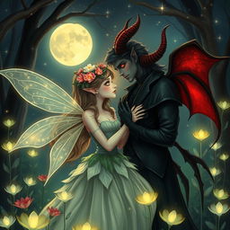 A romantic scene between a fairy and a demon in an enchanting forest setting
