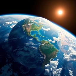 A vibrant and detailed depiction of planet Earth, showcasing its diverse landscapes, including lush green forests, vast blue oceans, towering snow-capped mountains, and arid deserts