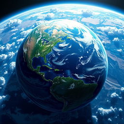A vibrant and detailed depiction of planet Earth, showcasing its diverse landscapes, including lush green forests, vast blue oceans, towering snow-capped mountains, and arid deserts