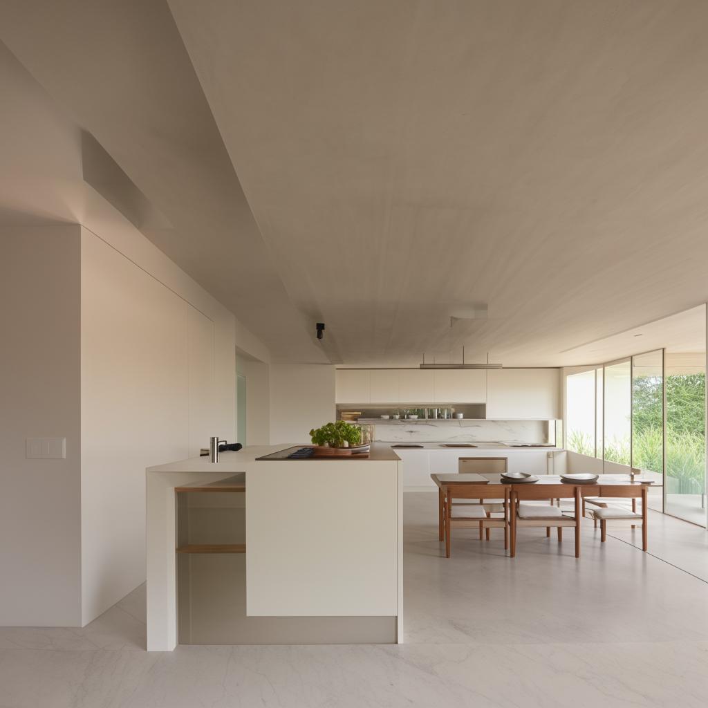 A minimalist, open-concept lounge and kitchen featuring a staircase. The interiors show clean lines, uncluttered spaces, essential furniture, and soothing neutral color tones.