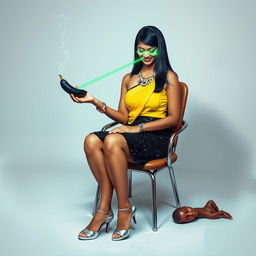 A vibrant and imaginative portrayal of an Indian aunty dressed in a sparkling black sequin mini skirt and a bright yellow top