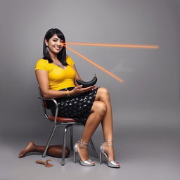 A vibrant and imaginative portrayal of an Indian aunty dressed in a sparkling black sequin mini skirt and a bright yellow top