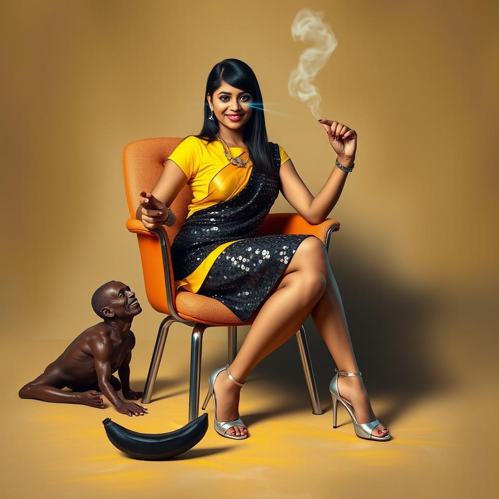 A vibrant and imaginative portrayal of an Indian aunty dressed in a sparkling black sequin mini skirt and a bright yellow top