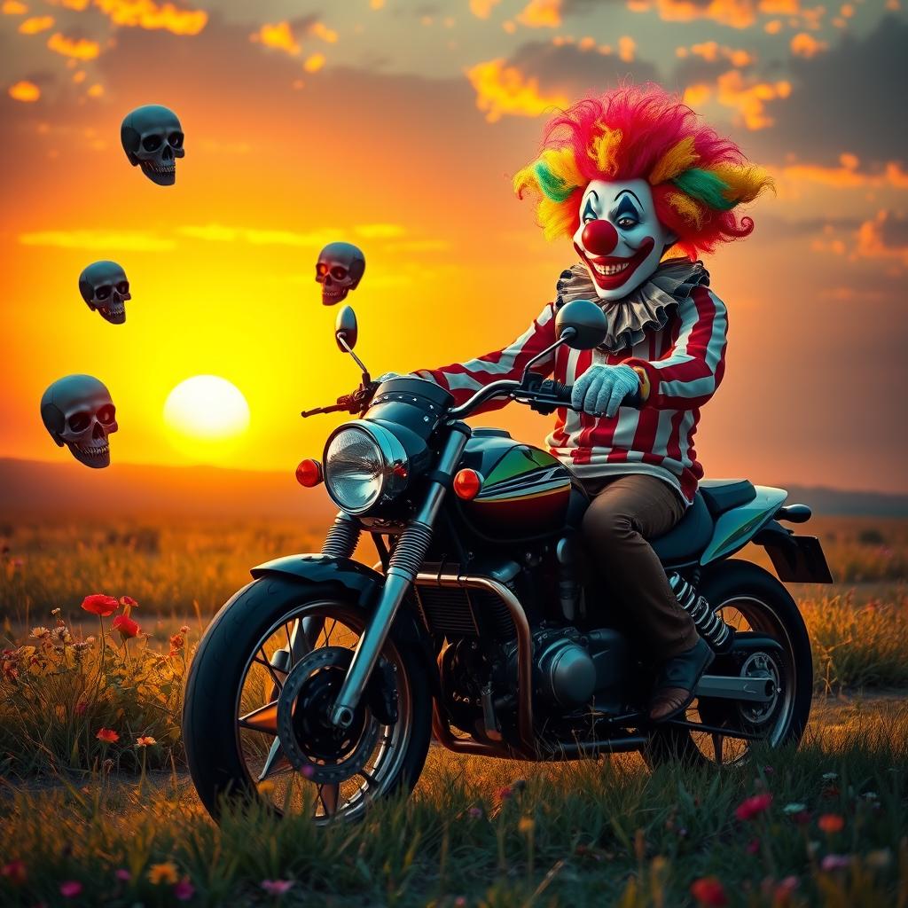 A vibrant and surreal scene featuring a clown riding a motorcycle, set against a dramatic sunset backdrop