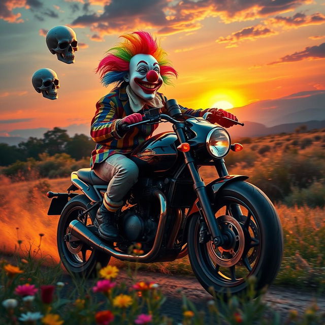 A vibrant and surreal scene featuring a clown riding a motorcycle, set against a dramatic sunset backdrop