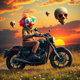 A vibrant and surreal scene featuring a clown riding a motorcycle, set against a dramatic sunset backdrop