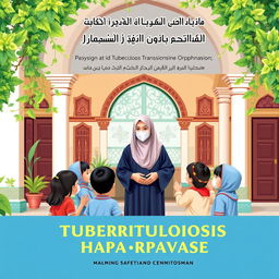 A book cover design dedicated to the prevention of Tuberculosis transmission in Islamic orphanages, illustrating a welcoming and educational environment
