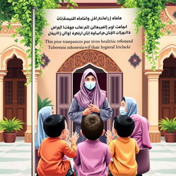 A book cover design dedicated to the prevention of Tuberculosis transmission in Islamic orphanages, illustrating a welcoming and educational environment