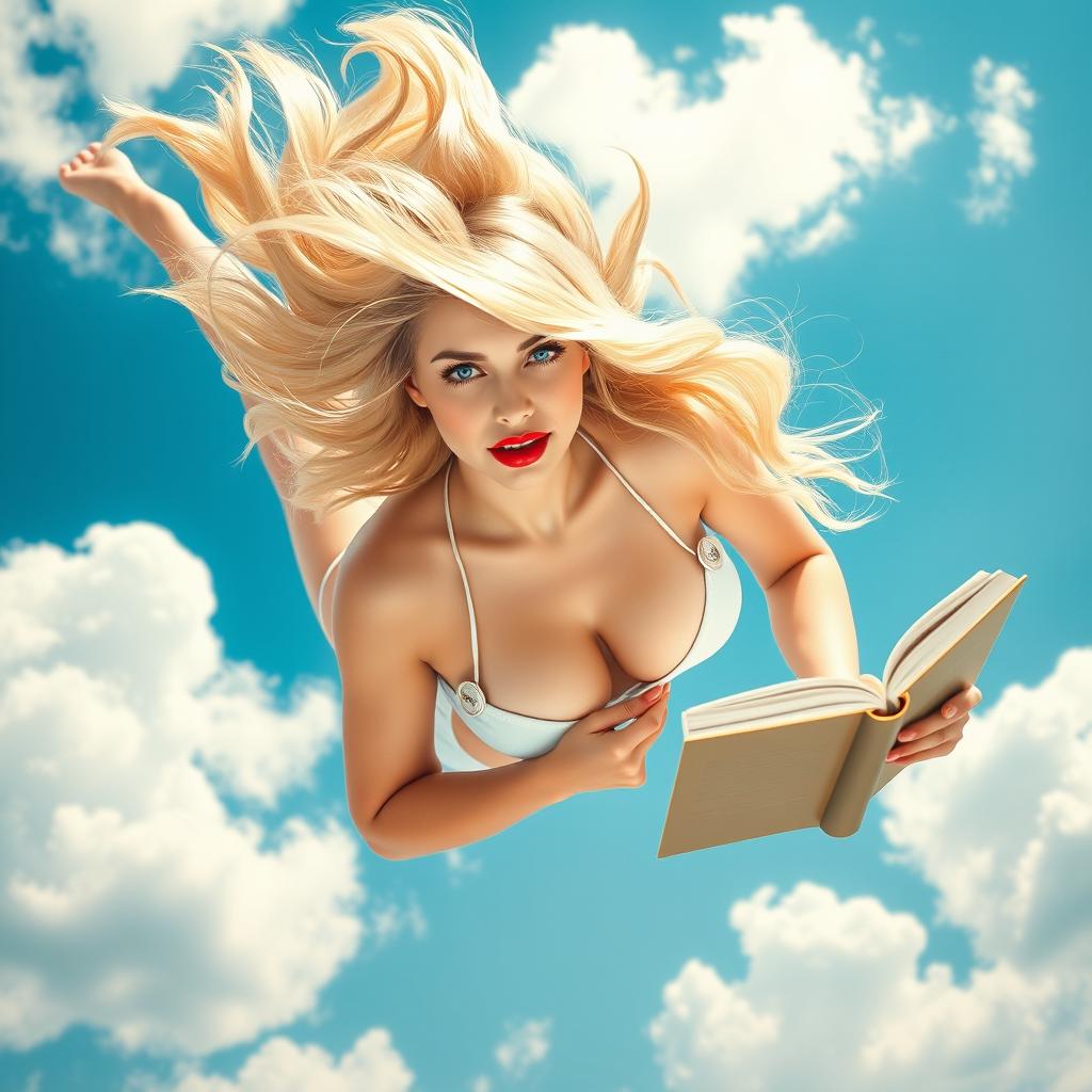 A beautiful, sexy blonde nurse in a stylish nurse bikini, with striking blue eyes and vibrant red lips, gracefully falling from the sky while engrossed in reading a book