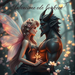 A romantic book cover featuring a delicate fairy with iridescent wings and a charming demon with subtle horns and dark, shimmering skin