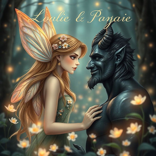 A romantic book cover featuring a delicate fairy with iridescent wings and a charming demon with subtle horns and dark, shimmering skin