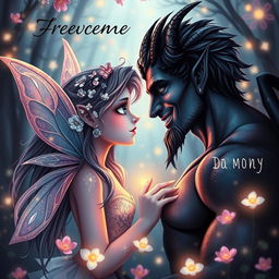 A romantic book cover featuring a delicate fairy with iridescent wings and a charming demon with subtle horns and dark, shimmering skin