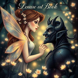 A romantic book cover featuring a delicate fairy with iridescent wings and a charming demon with subtle horns and dark, shimmering skin